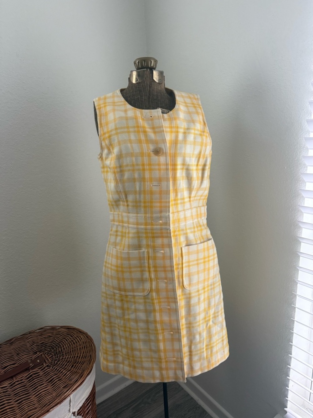 Tory Burch Yellow and White Plaid Sleeveless Shift Dress